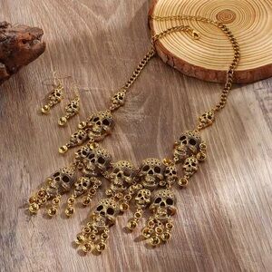 Halloween Bronze Skull Necklace & Earrings Set – Statement Punk Jewelry